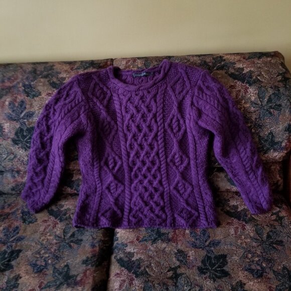 Lambay lattice cable Aran sweater, purple wool, size M, L, by Irelands Eye - Picture 2 of 6